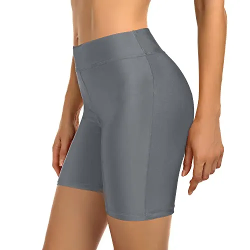 High Waisted Boy Shorts Swimsuit Tummy Control Womens Swim Shorts-Grey