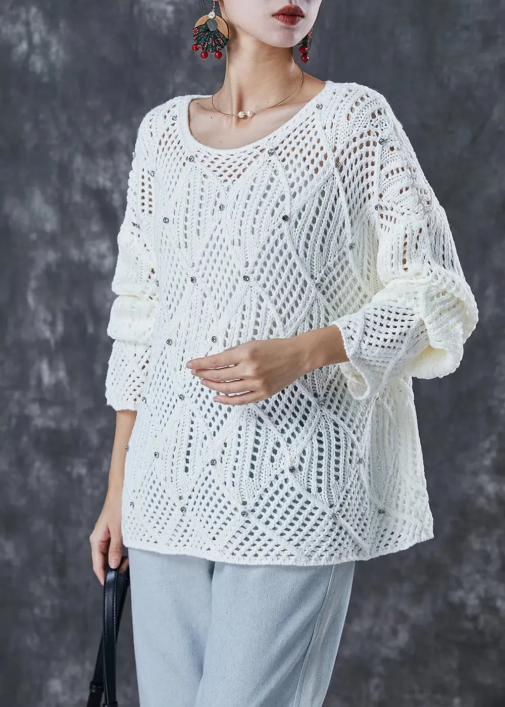 Hollow Out Zircon Knit Tops Fall