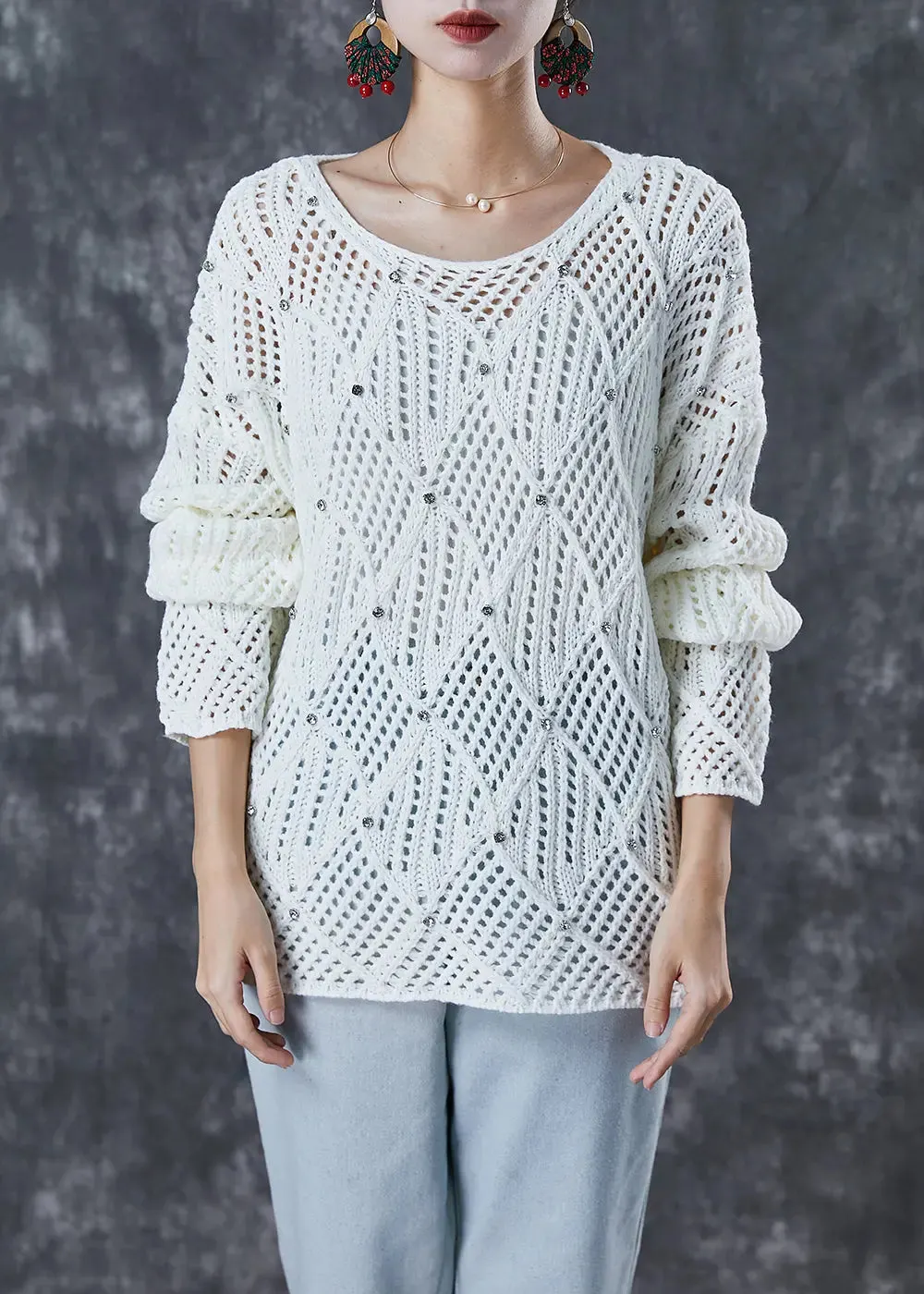 Hollow Out Zircon Knit Tops Fall