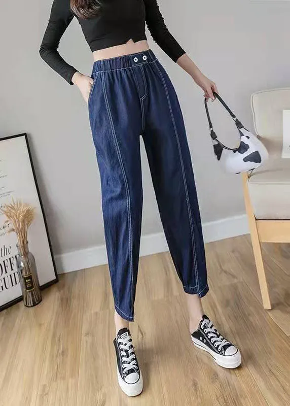 Italian Spring Casual Pants Stylish Denim Blue Photography Elastic Waist Patchwork Women Pants