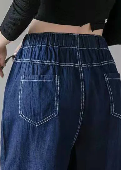 Italian Spring Casual Pants Stylish Denim Blue Photography Elastic Waist Patchwork Women Pants