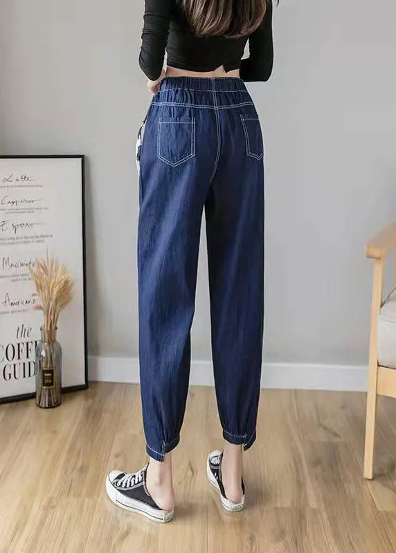 Italian Spring Casual Pants Stylish Denim Blue Photography Elastic Waist Patchwork Women Pants