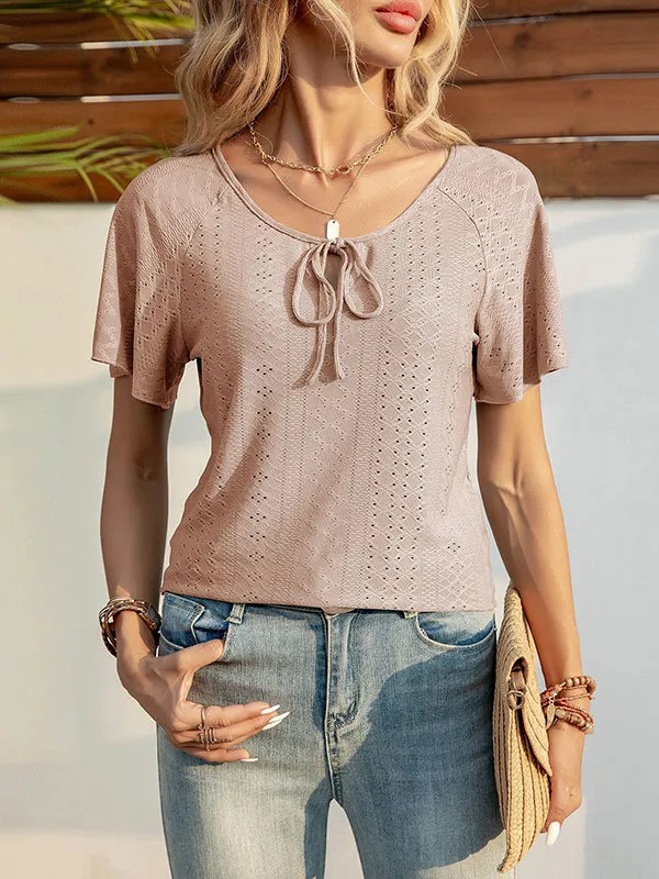 Jacquard Solid Color Tied Raglan Sleeve V-Neck T-Shirts Tops