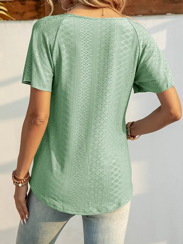 Jacquard Solid Color Tied Raglan Sleeve V-Neck T-Shirts Tops