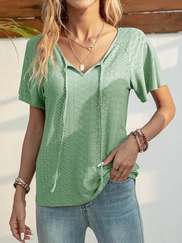 Jacquard Solid Color Tied Raglan Sleeve V-Neck T-Shirts Tops