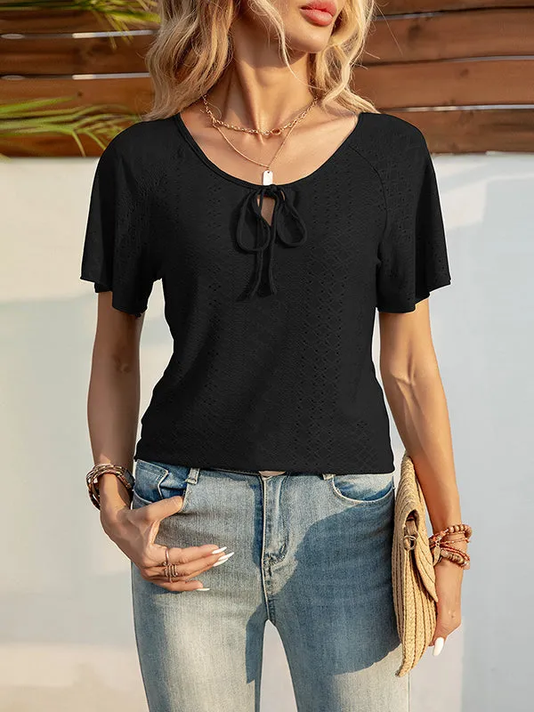 Jacquard Solid Color Tied Raglan Sleeve V-Neck T-Shirts Tops