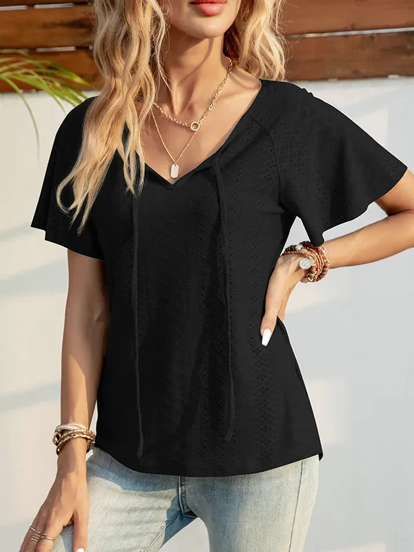 Jacquard Solid Color Tied Raglan Sleeve V-Neck T-Shirts Tops