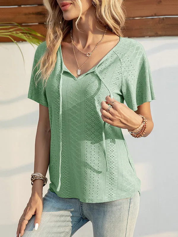 Jacquard Solid Color Tied Raglan Sleeve V-Neck T-Shirts Tops