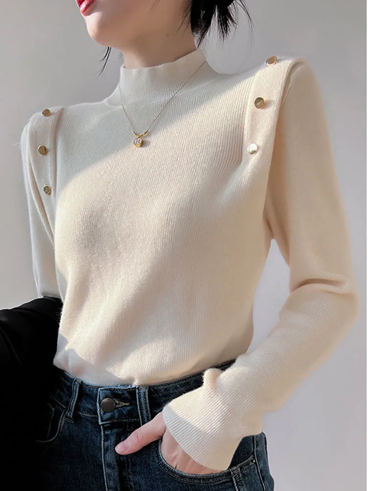 Jessie Button Long Sleeve Turtleneck Women Sweater