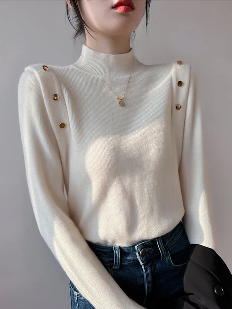 Jessie Button Long Sleeve Turtleneck Women Sweater