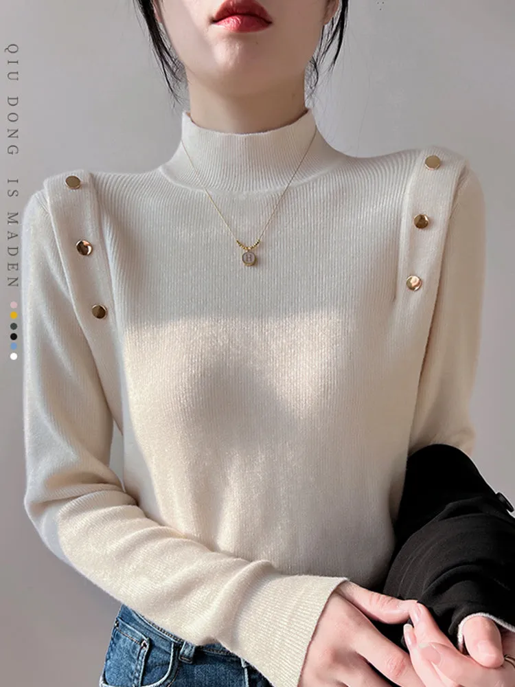 Jessie Button Long Sleeve Turtleneck Women Sweater