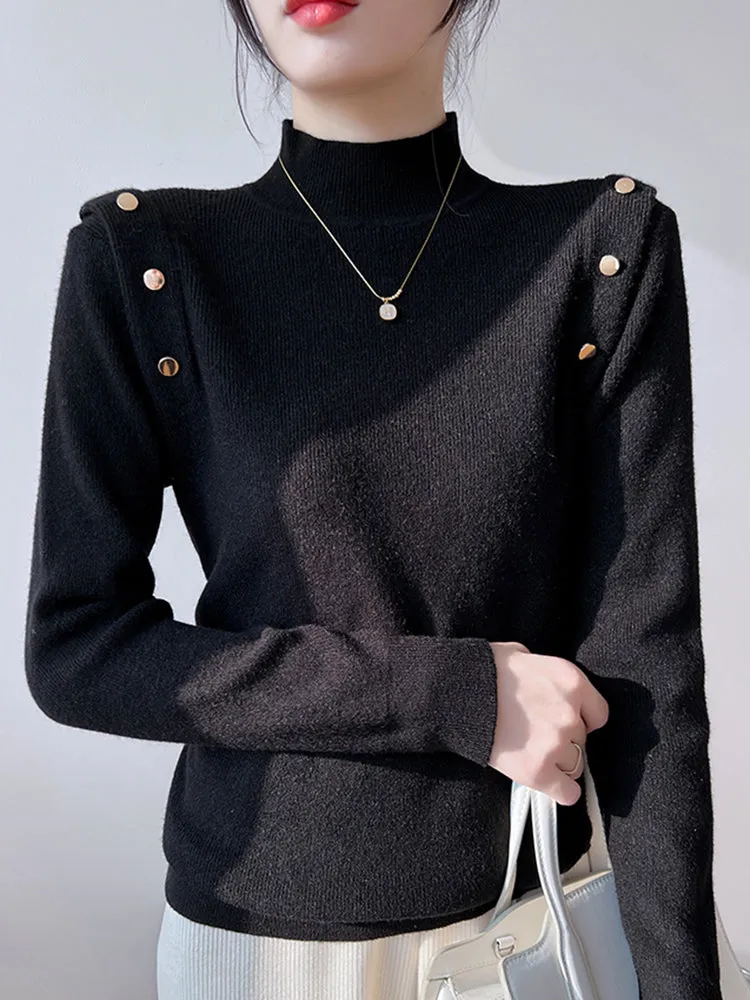 Jessie Button Long Sleeve Turtleneck Women Sweater