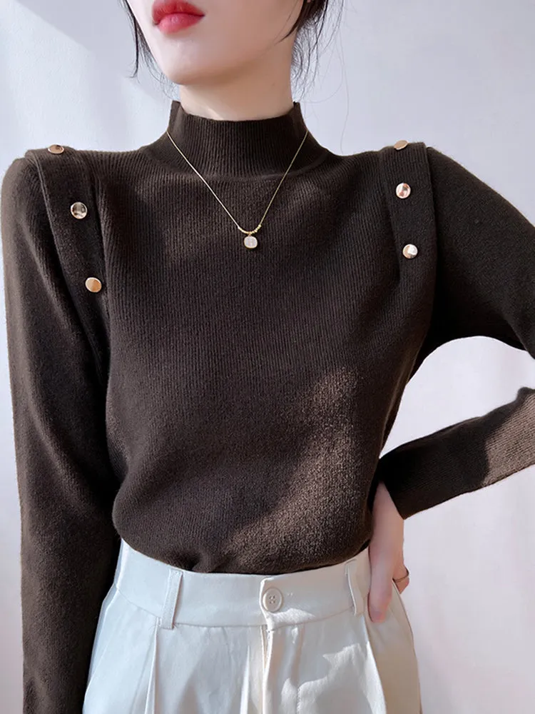 Jessie Button Long Sleeve Turtleneck Women Sweater