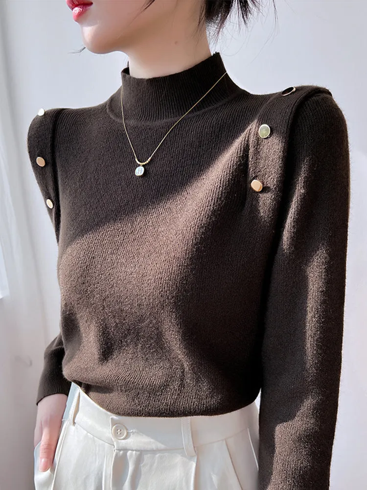 Jessie Button Long Sleeve Turtleneck Women Sweater