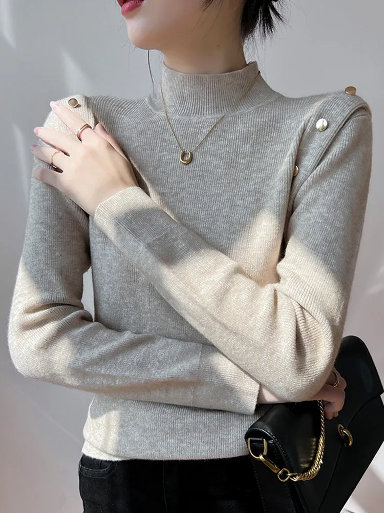 Jessie Button Long Sleeve Turtleneck Women Sweater