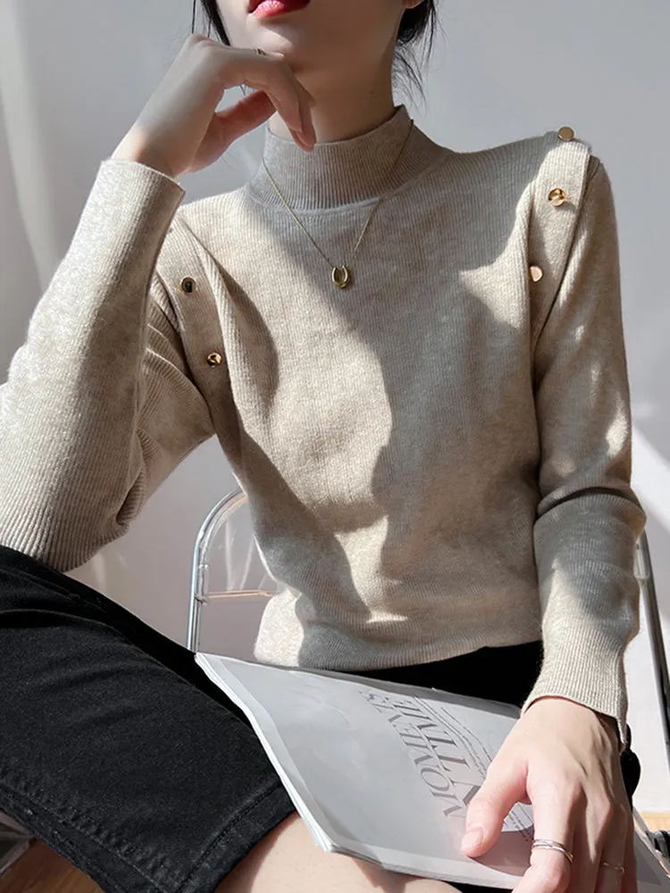 Jessie Button Long Sleeve Turtleneck Women Sweater