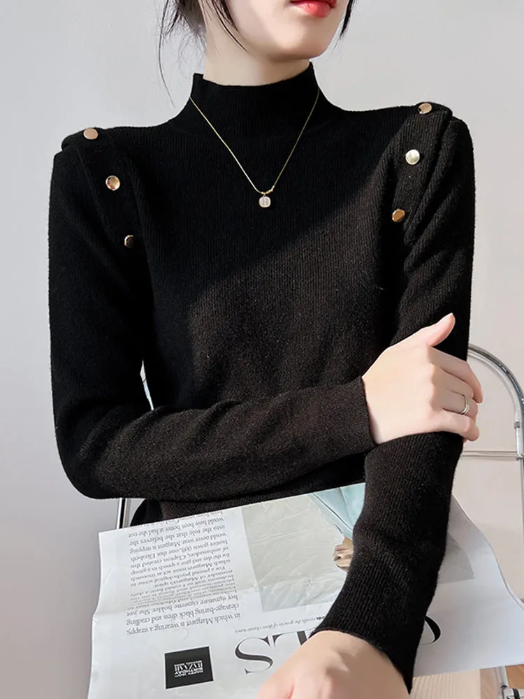 Jessie Button Long Sleeve Turtleneck Women Sweater