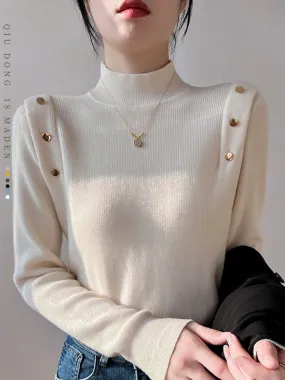 Jessie Button Long Sleeve Turtleneck Women Sweater