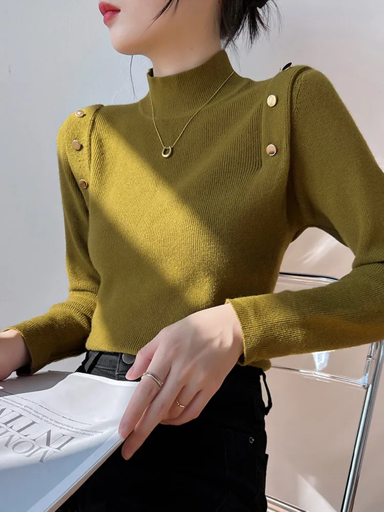 Jessie Button Long Sleeve Turtleneck Women Sweater