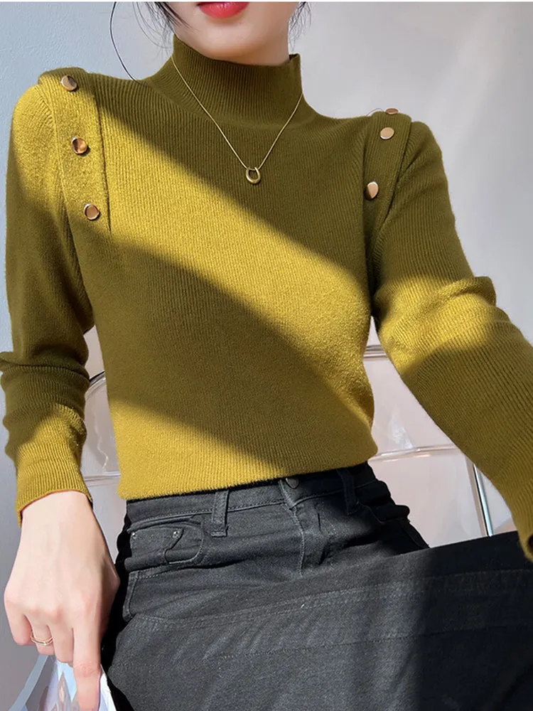 Jessie Button Long Sleeve Turtleneck Women Sweater