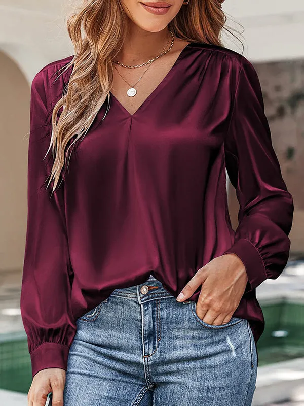 Loose Pleated Solid Color V-Neck Blouses&shirts Tops