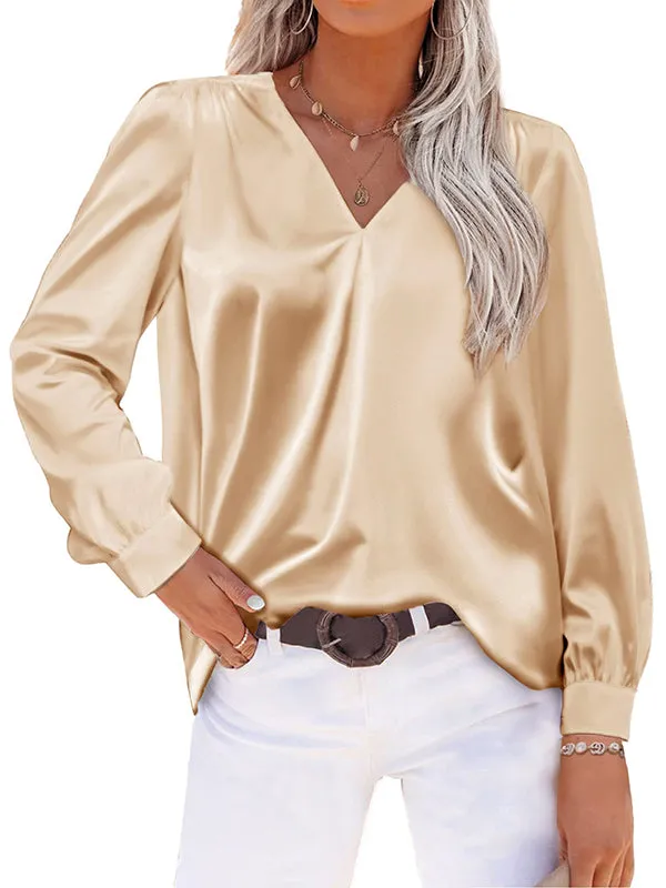 Loose Pleated Solid Color V-Neck Blouses&shirts Tops