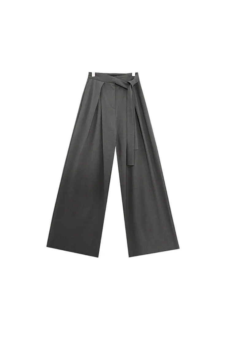 Loose Pleated Wide-Leg Pants with Asymmetric Belt