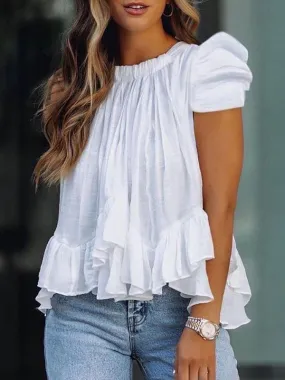 Loose Puff Sleeves Falbala Pleated Solid Color Round-Neck T-Shirts Tops