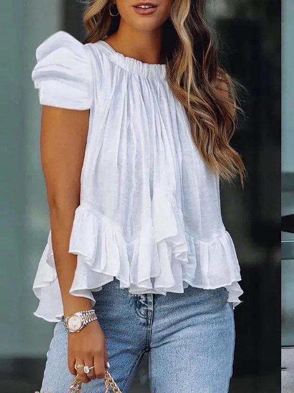 Loose Puff Sleeves Falbala Pleated Solid Color Round-Neck T-Shirts Tops