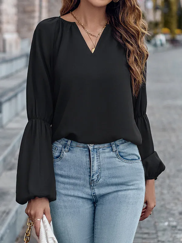 Loose Solid Color V-Neck Blouses&Shirts Tops