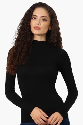 Magazine Ribbed Mock Neck Long Sleeve Top - Black