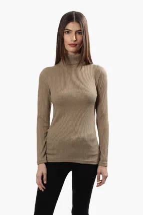 Magazine Ribbed Turtleneck Long Sleeve Top - Beige