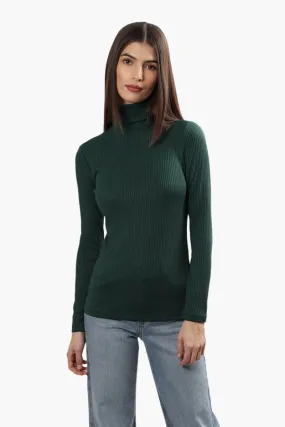 Magazine Ribbed Turtleneck Long Sleeve Top - Green