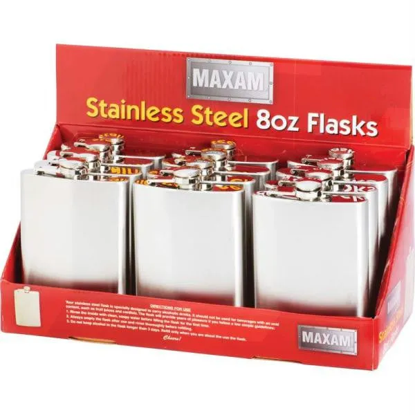 Maxam 12pc 8oz Stainless Steel Flasks In Countertop Display