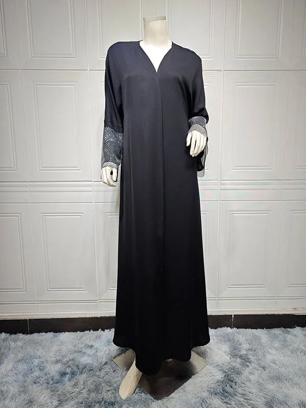 Muslim Rhine Stones Solid Color Split-Joint Loose Outerwear Cover-Ups Tops