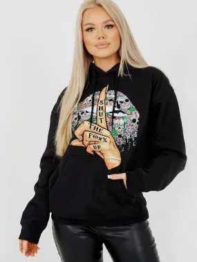 Nancy Shut Up Graphic Fleeced Hoodie In Black