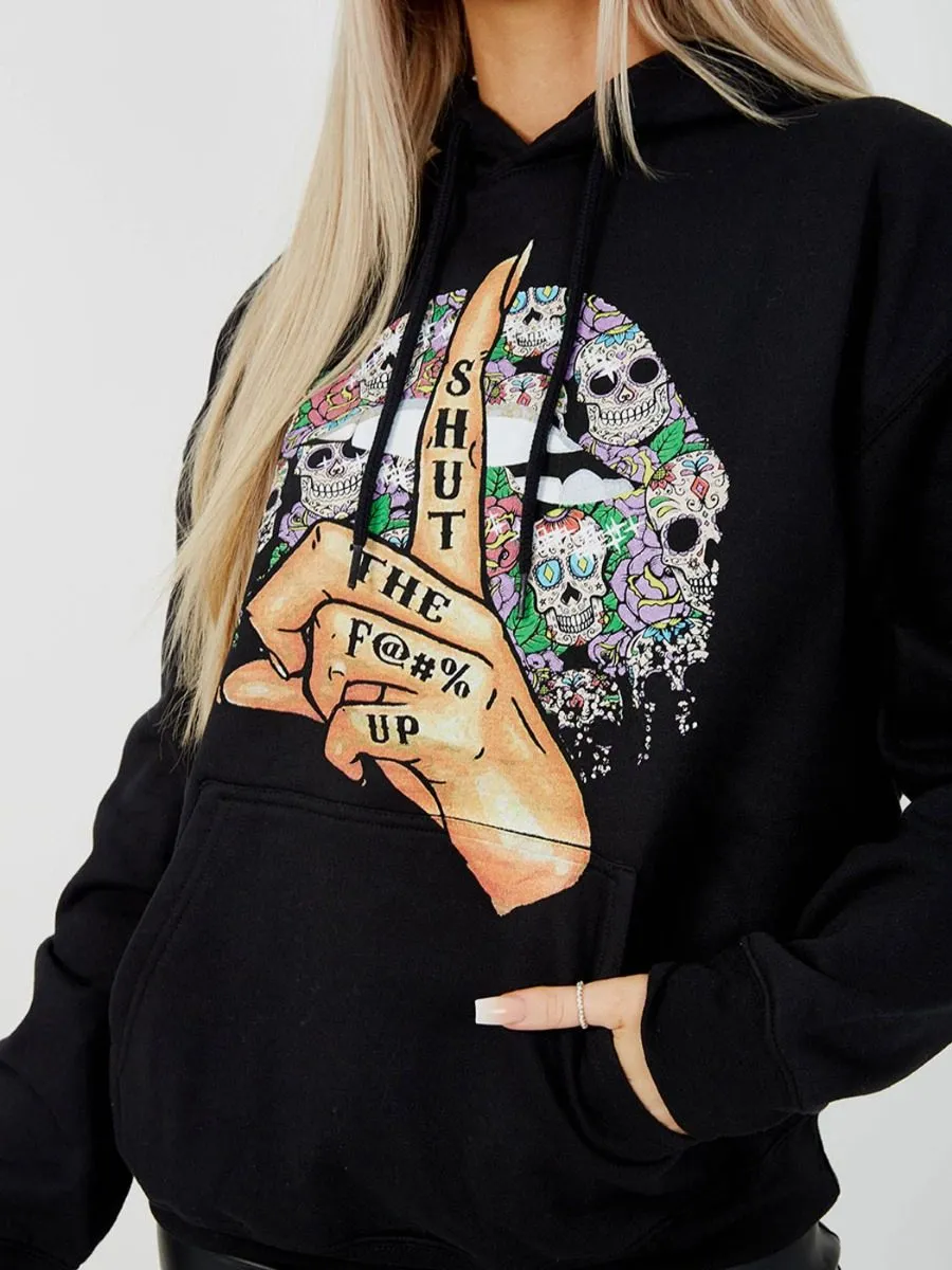 Nancy Shut Up Graphic Fleeced Hoodie In Black