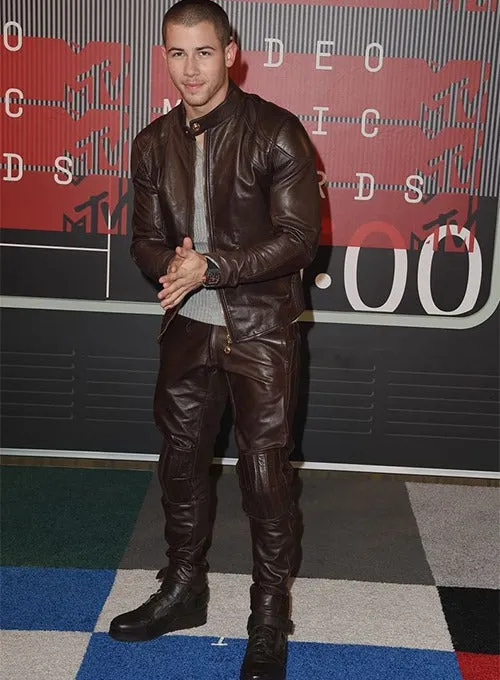 Nick Jonas Men's Real Leather Stylish Pants Black