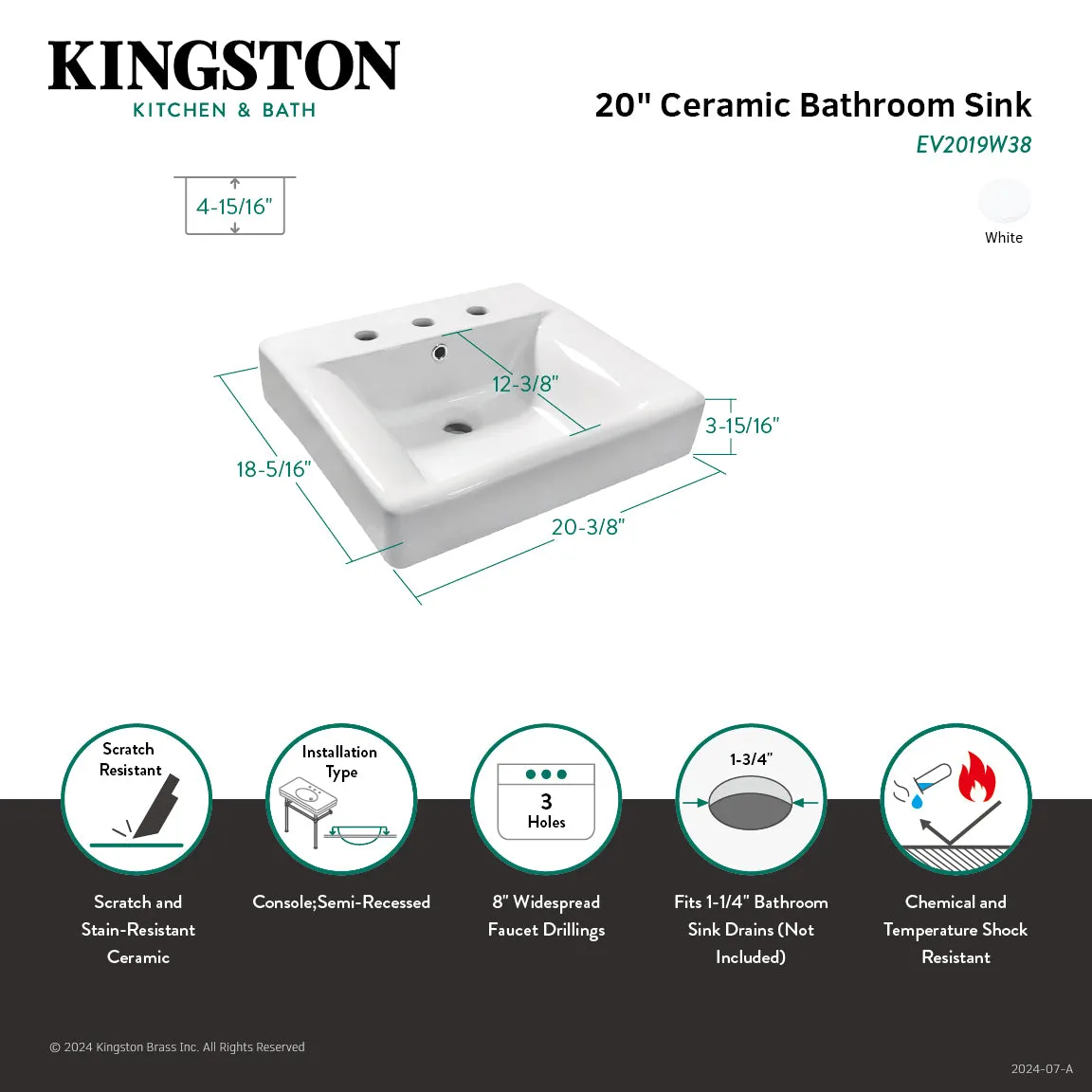 NuvoFusion EV2019W38 20-Inch Console Sink Basin (8-Inch, 3-Hole), White