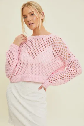 Open-Knit Fishnet Sweater  Pink