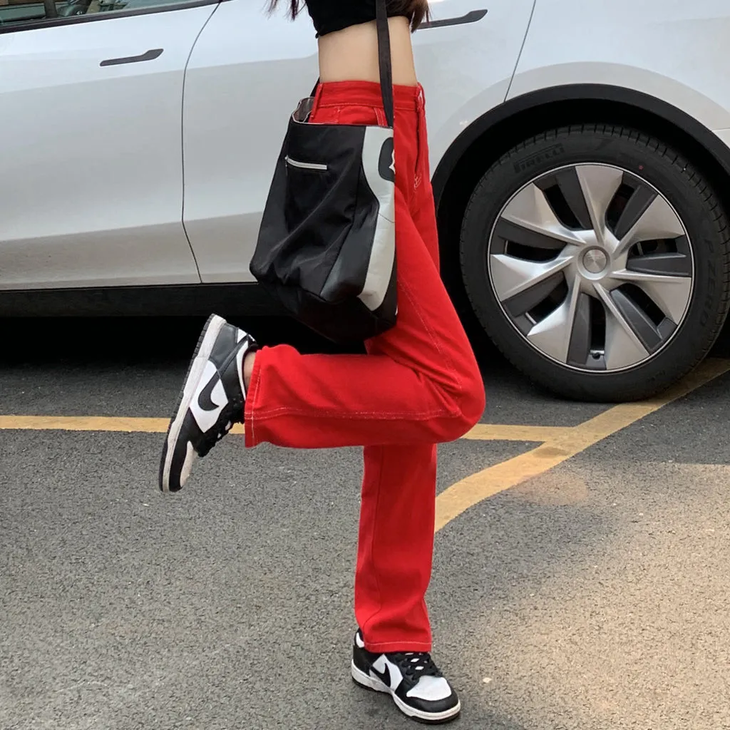 Red Jeans Straight Wide Leg Versatile Pants