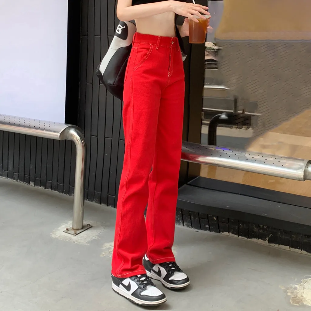 Red Jeans Straight Wide Leg Versatile Pants