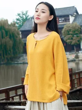 Round-neck Linen Cotton Long Sleeves Tops