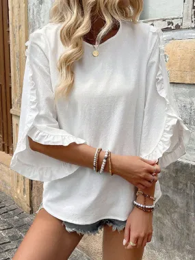 Ruffle Trim Solid Color Split-Joint Loose Three-Quarter Sleeves Round-Neck Blouses&Shirts Tops