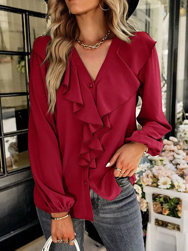 Simple Long Sleeves Loose Falbala Solid Color V-Neck Blouses&Shirts Tops