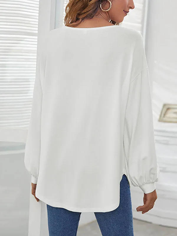 Simple Loose Long Sleeves Solid Color Round-Neck T-Shirts Tops