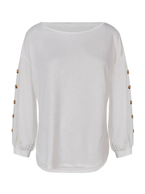 Simple Loose Long Sleeves Solid Color Round-Neck T-Shirts Tops