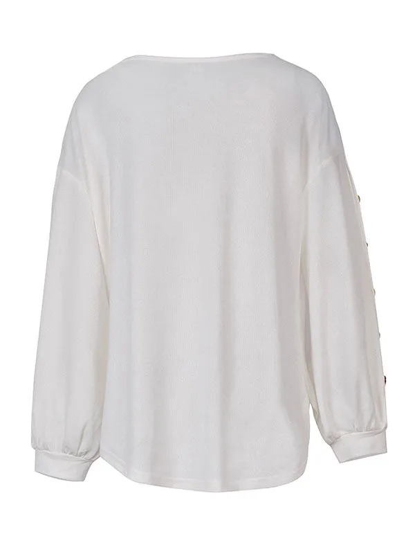 Simple Loose Long Sleeves Solid Color Round-Neck T-Shirts Tops