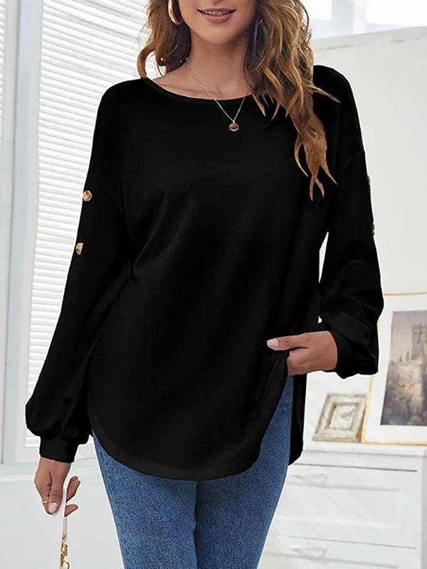 Simple Loose Long Sleeves Solid Color Round-Neck T-Shirts Tops