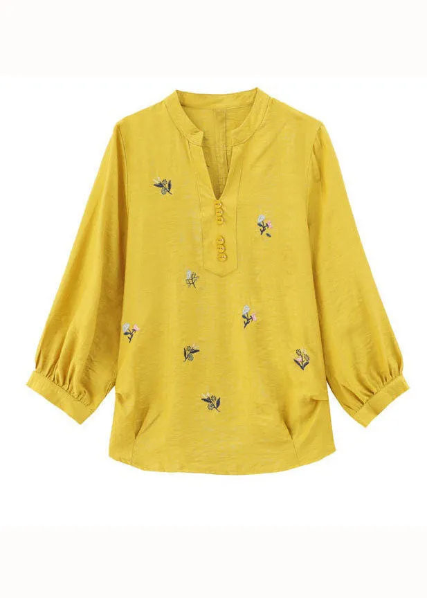 Simple Yellow V Neck Embroideried Patchwork Cotton Tops Summer LY1471